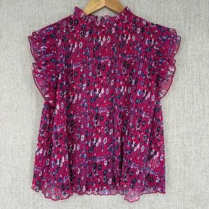 Anthropologie Top Blouse Womens Small Pink Floral Pleated Freida Flutter Ruffle